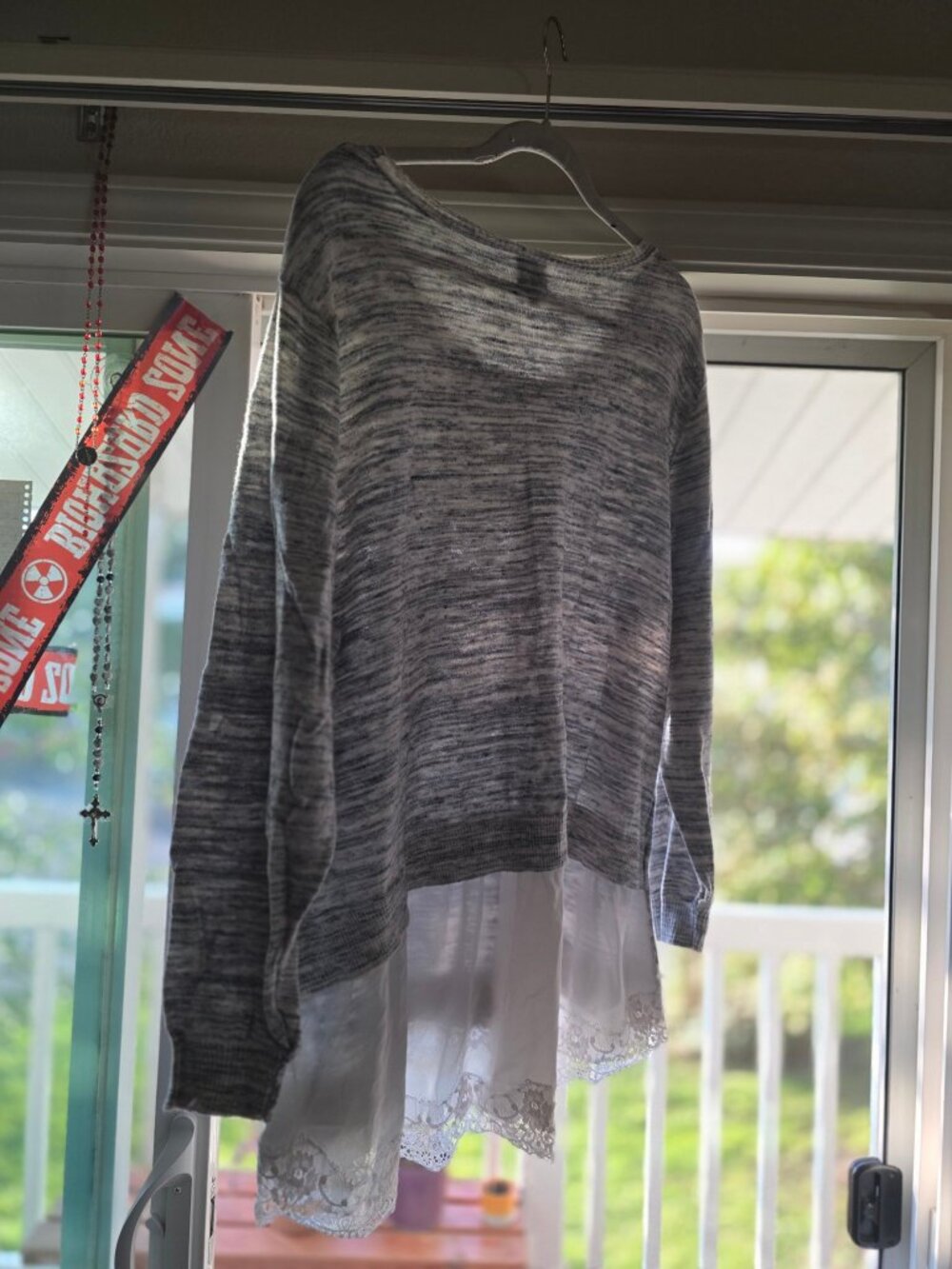 Plus Size Como Vintage Marled Grey Soft Knit Sweater w/ White Lace